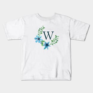 Floral Monogram W Pretty Blue Flowers Kids T-Shirt